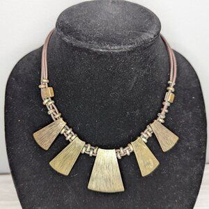 VCLM Statement Bib Necklace Gold/Brass Tone Tile Charms Beaded 21 Inch